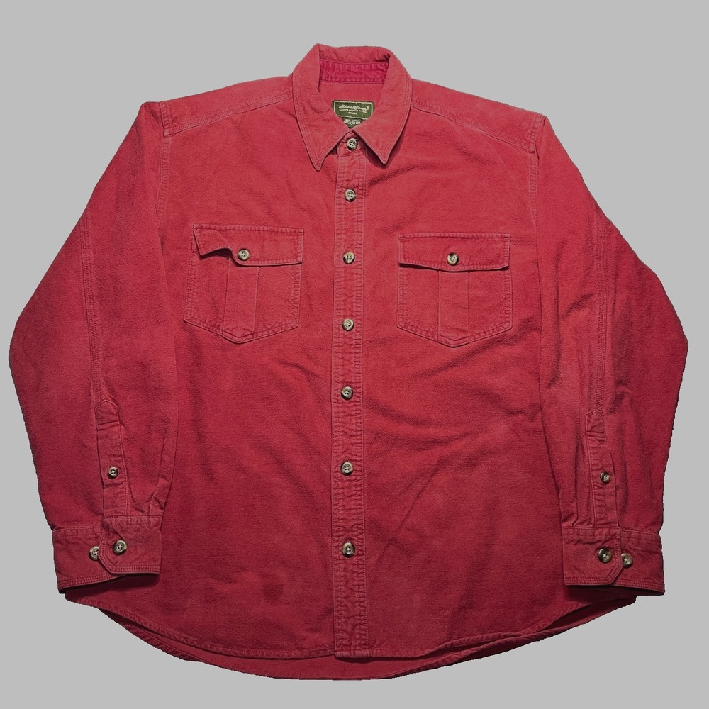 Vintage Eddie Bauer Shirt Men's Large Red Chamois Cloth Flannel Pockets Outdoors - Picture 2 of 10